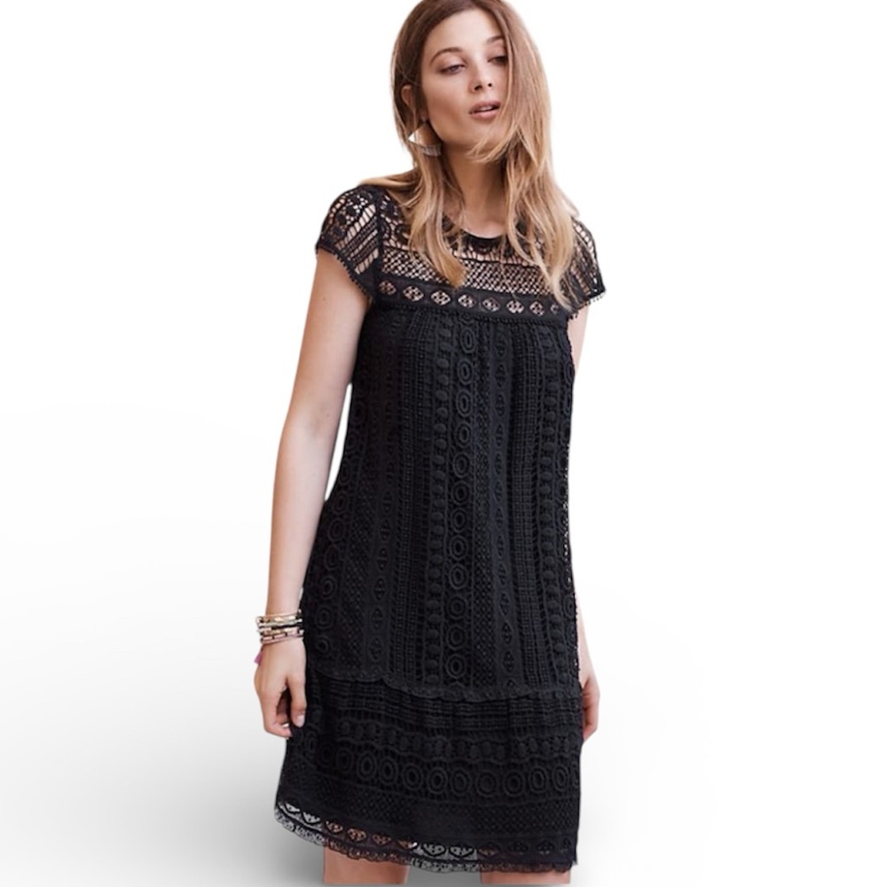 Anthropologie Maeve Crochet Eyelet Lace Tunic Dress Black Boho Chic Revival XS